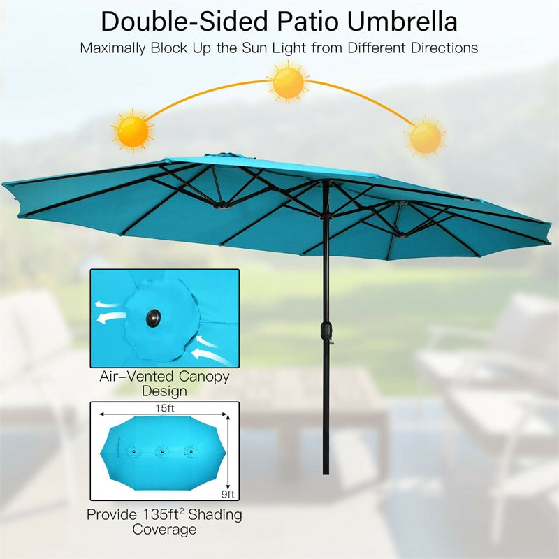 15 FT Double-Sided Twin Patio Umbrella with Umbrella Base for Backyard