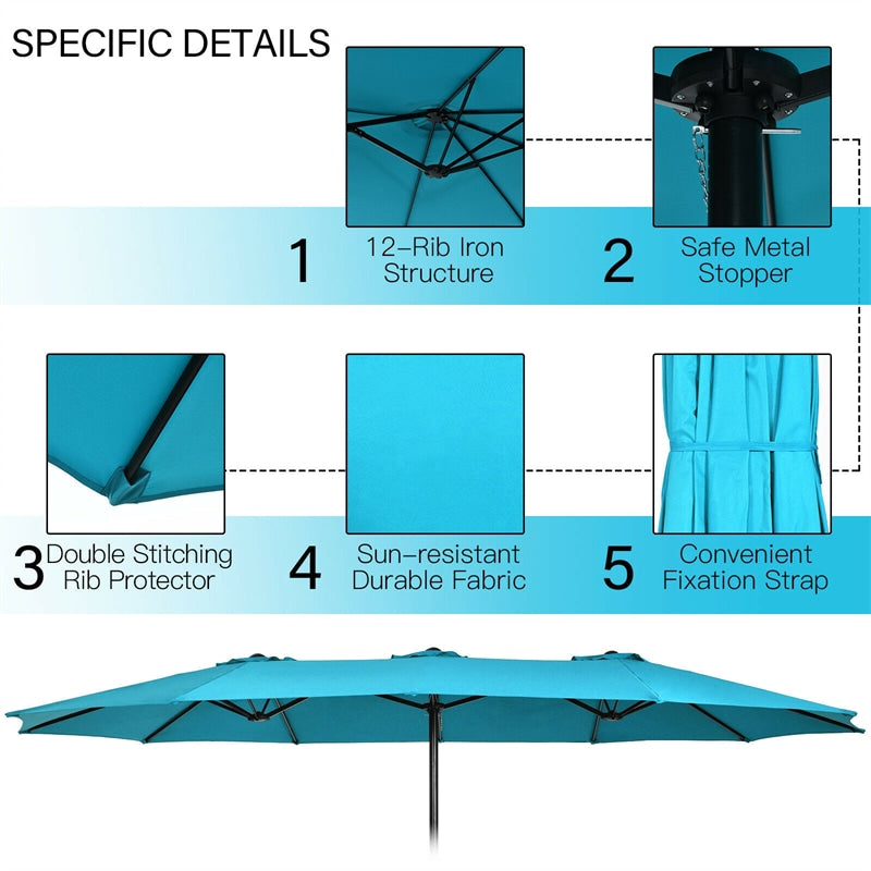 15 FT Double-Sided Twin Patio Umbrella with Umbrella Base for Backyard