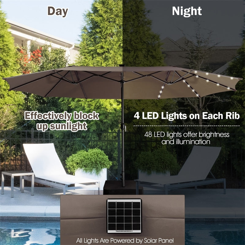 block for patio umbrella 15 ft Outdoor Double-Sided Patio Umbrella with 48 Solar LED Lights and Umbrella Base Orange