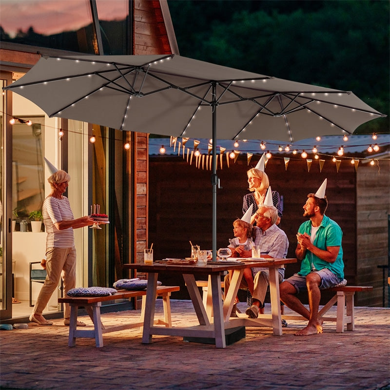 15 FT Outdoor Double-Sided Patio Umbrella with 48 Solar LED Lights and Umbrella Base