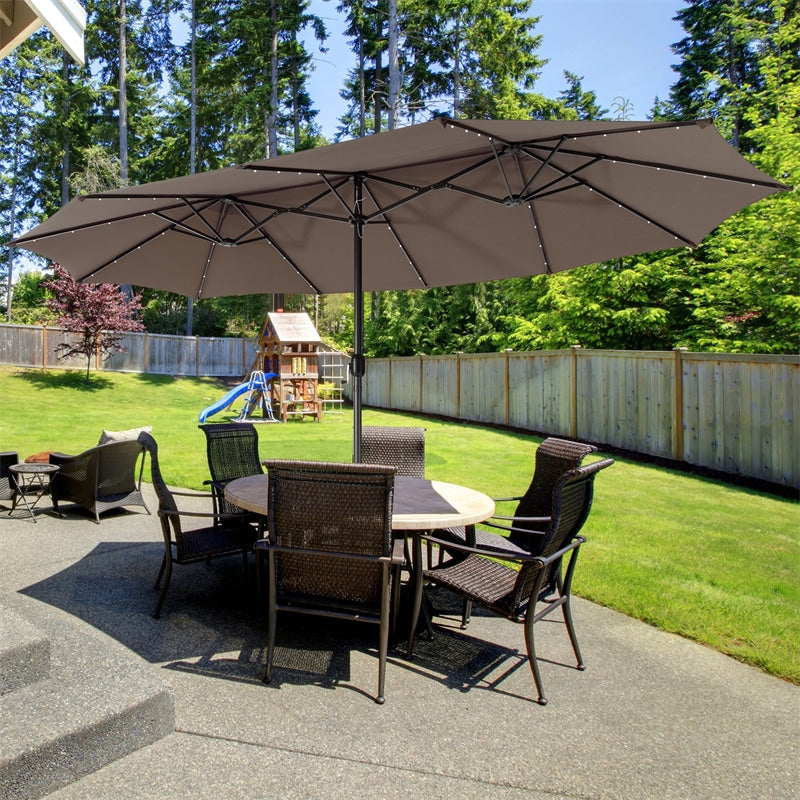 15 ft Outdoor Double-Sided Patio Umbrella with 48 Solar LED Lights and Umbrella Base Orange 15 ft Outdoor Double-Sided Patio Umbrella with 48 Solar LED Lights and Umbrella Base Orange