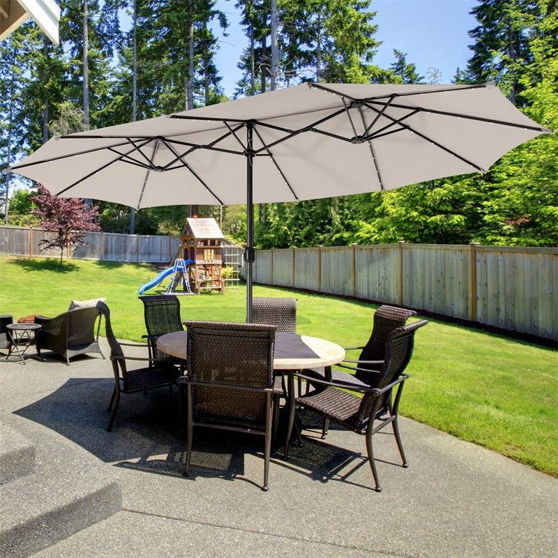 15 ft Outdoor Double-Sided Patio Umbrella with 48 Solar LED Lights and Umbrella Base Orange