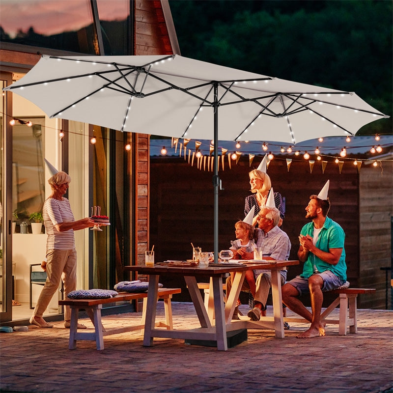 double sided patio umbrella with lights 15 ft Outdoor Double-Sided Patio Umbrella with 48 Solar LED Lights and Umbrella Base Orange