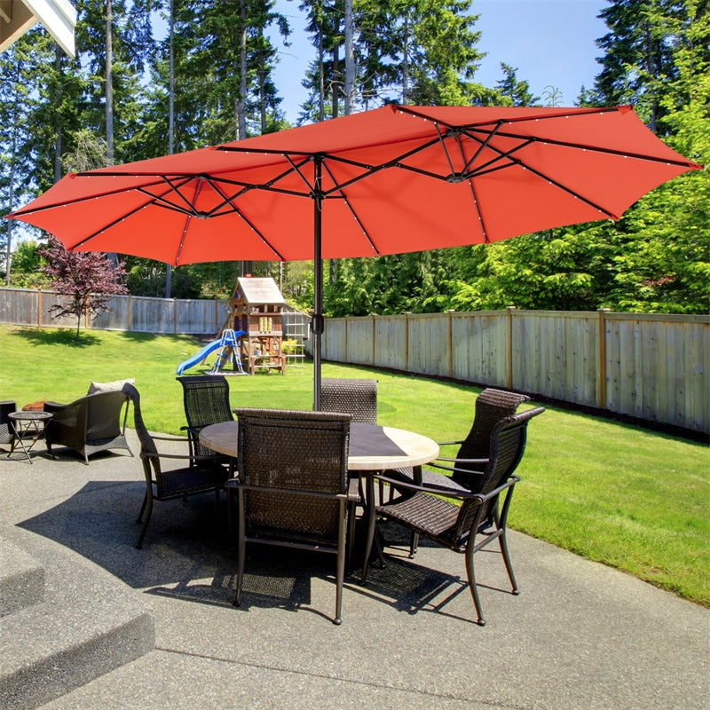 15 inch patio umbrella 15 ft Outdoor Double-Sided Patio Umbrella with 48 Solar LED Lights and Umbrella Base Orange
