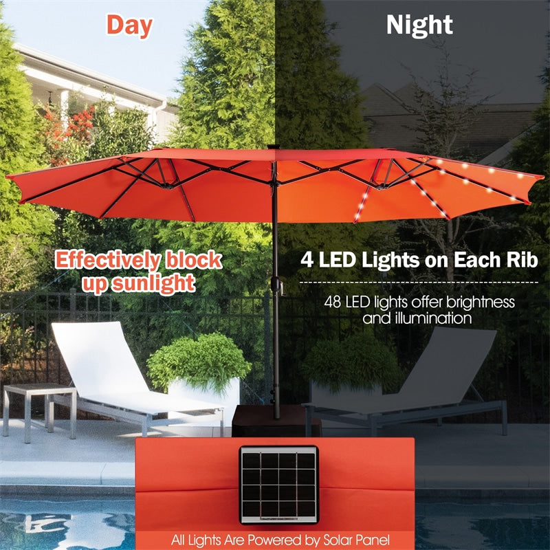 48 patio umbrella 15 ft Outdoor Double-Sided Patio Umbrella with 48 Solar LED Lights and Umbrella Base Orange
