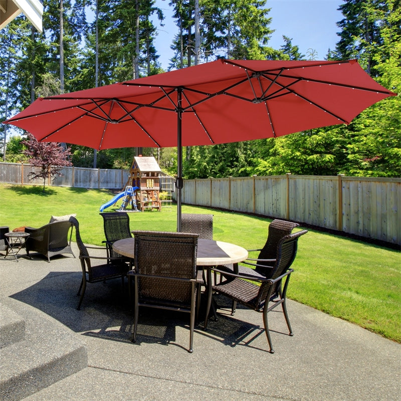 15 ft Outdoor Double-Sided Patio Umbrella with 48 Solar LED Lights and Umbrella Base Orange