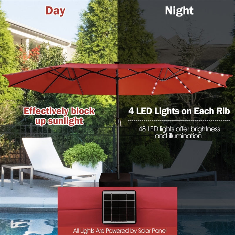 15 ft Outdoor Double-Sided Patio Umbrella with 48 Solar LED Lights and Umbrella Base Orange