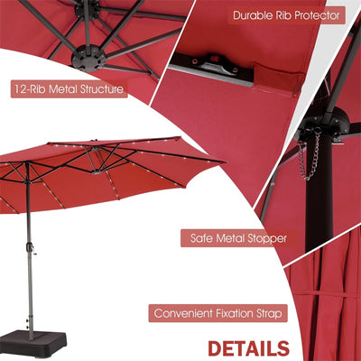 15 FT Outdoor Double-Sided Patio Umbrella with 48 Solar LED Lights and Umbrella Base
