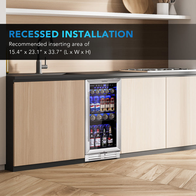 15 Inch Beverage Cooler Refrigerator 100 Can Built-in or Freestanding Wine Fridge with LED Lights and Adjustable Shelf