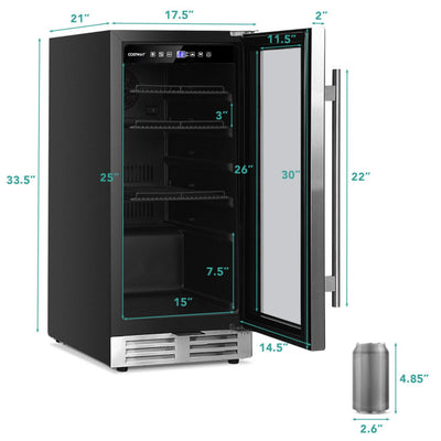 15 Inch Beverage Cooler Refrigerator 100 Can Built-in or Freestanding Wine Fridge with LED Lights and Adjustable Shelf