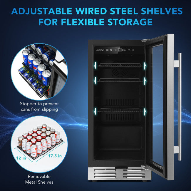 15 Inch Beverage Cooler Refrigerator 100 Can Built-in or Freestanding Wine Fridge with LED Lights and Adjustable Shelf