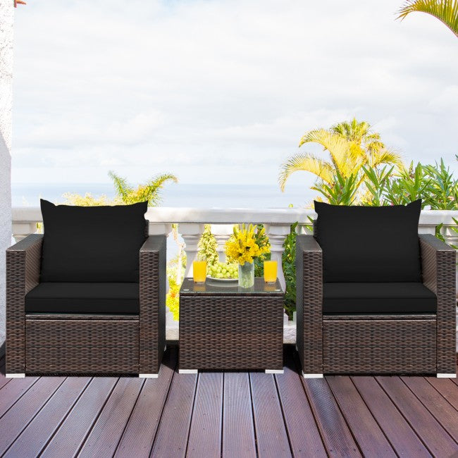 3 Pieces Patio Rattan Furniture Set Conversation Sofa Set with Cushion