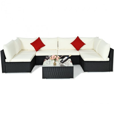 7 Pieces Outdoor Patio Rattan Furniture Set Wicker Sofa Sectional Conversation Set with Cushions and Tempered Glass Tea Table