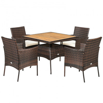 5 Pieces Outdoor Acacia Wood Dining Table Set with Cushions and Umbrella Hole