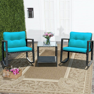 3 Pieces Patio Rocking Chair Outdoor Wicker Conversation Bistro Set  with Coffee Table