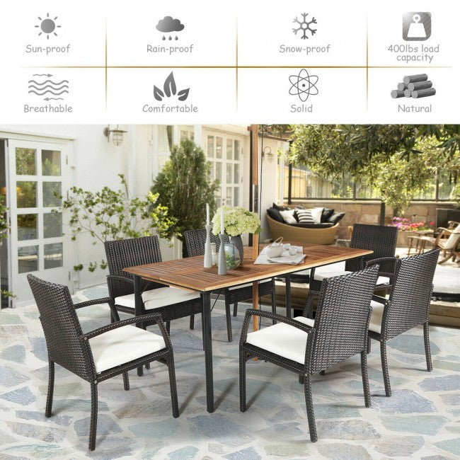 7 Pieces Outdoor Patio Rattan Dining Set Conversation Set with Soft Cushion and Umbrella Hole