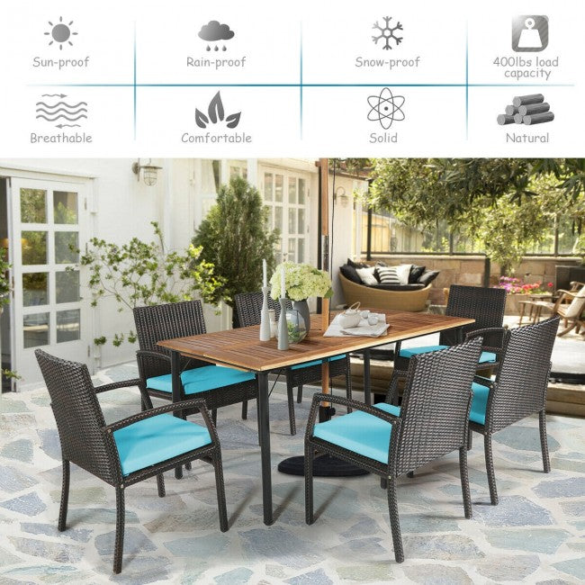 7 Pieces Outdoor Patio Rattan Dining Set Conversation Set with Soft Cushion and Umbrella Hole