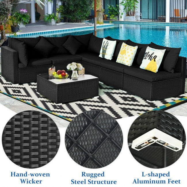 7 Pieces Outdoor Patio Rattan Furniture Set Wicker Sofa Sectional Conversation Set with Cushions and Tempered Glass Tea Table