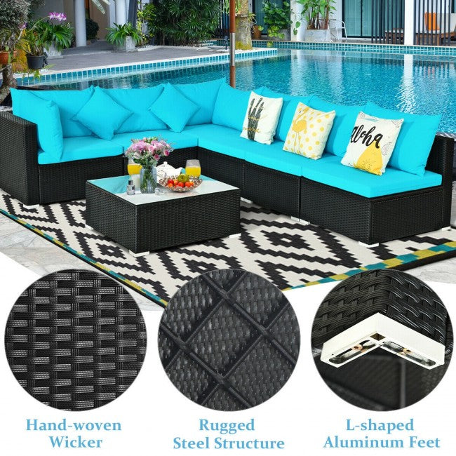 7 Pieces Outdoor Patio Rattan Furniture Set Wicker Sofa Sectional Conversation Set with Cushions and Tempered Glass Tea Table