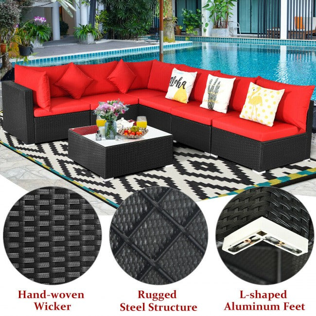 7 Pieces Outdoor Patio Rattan Furniture Set Wicker Sofa Sectional Conversation Set with Cushions and Tempered Glass Tea Table