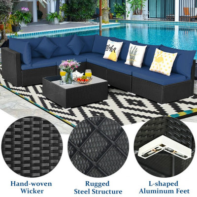 7 Pieces Outdoor Patio Rattan Furniture Set Wicker Sofa Sectional Conversation Set with Cushions and Tempered Glass Tea Table