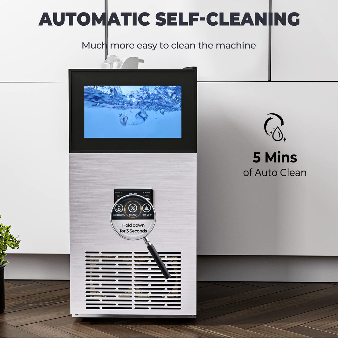 180LBS/24H Freestanding Commercial Ice Maker, Stainless Steel Under Counter Ice Machine with 35 LBS Storage Bin