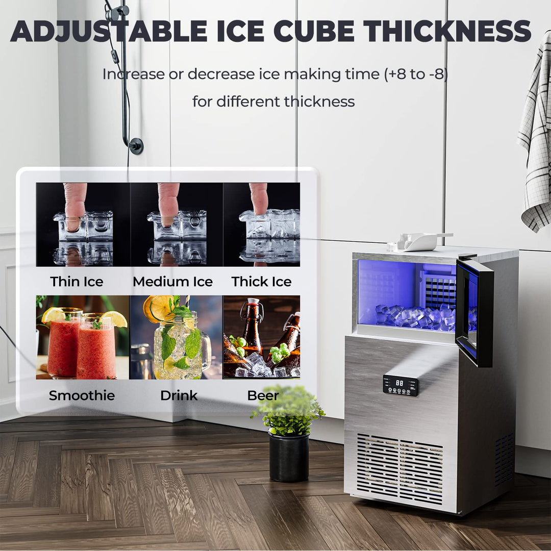 180LBS/24H Freestanding Commercial Ice Maker, Stainless Steel Under Counter Ice Machine with 35 LBS Storage Bin