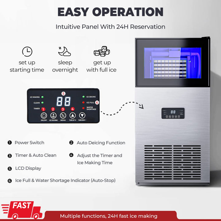 180LBS/24H Freestanding Commercial Ice Maker, Stainless Steel Under Counter Ice Machine with 35 LBS Storage Bin