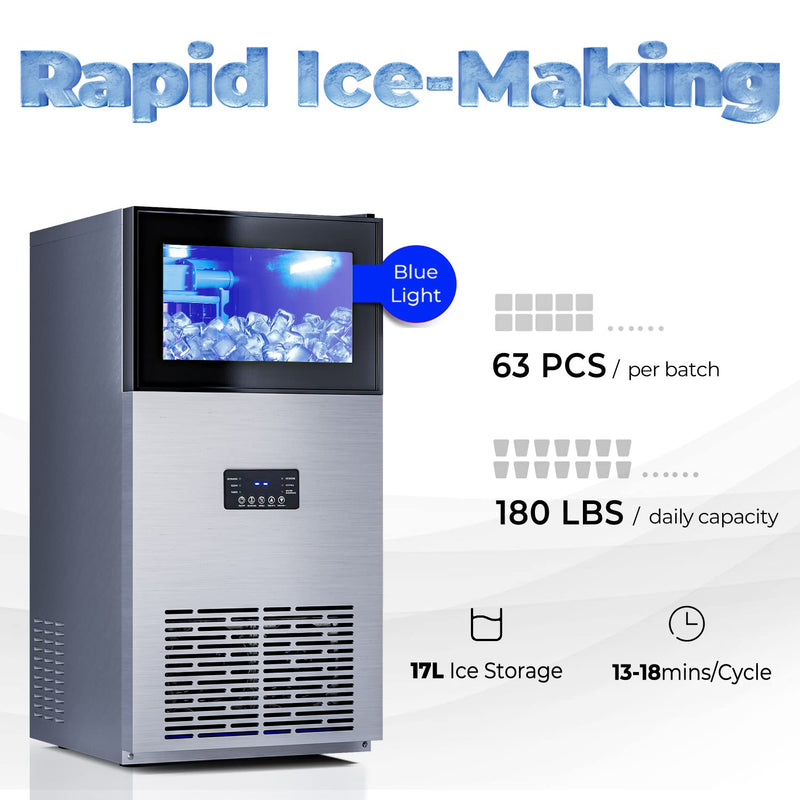 180LBS/24H Freestanding Commercial Stainless Steel Ice Maker Machine with 35 LBS Storage Bin