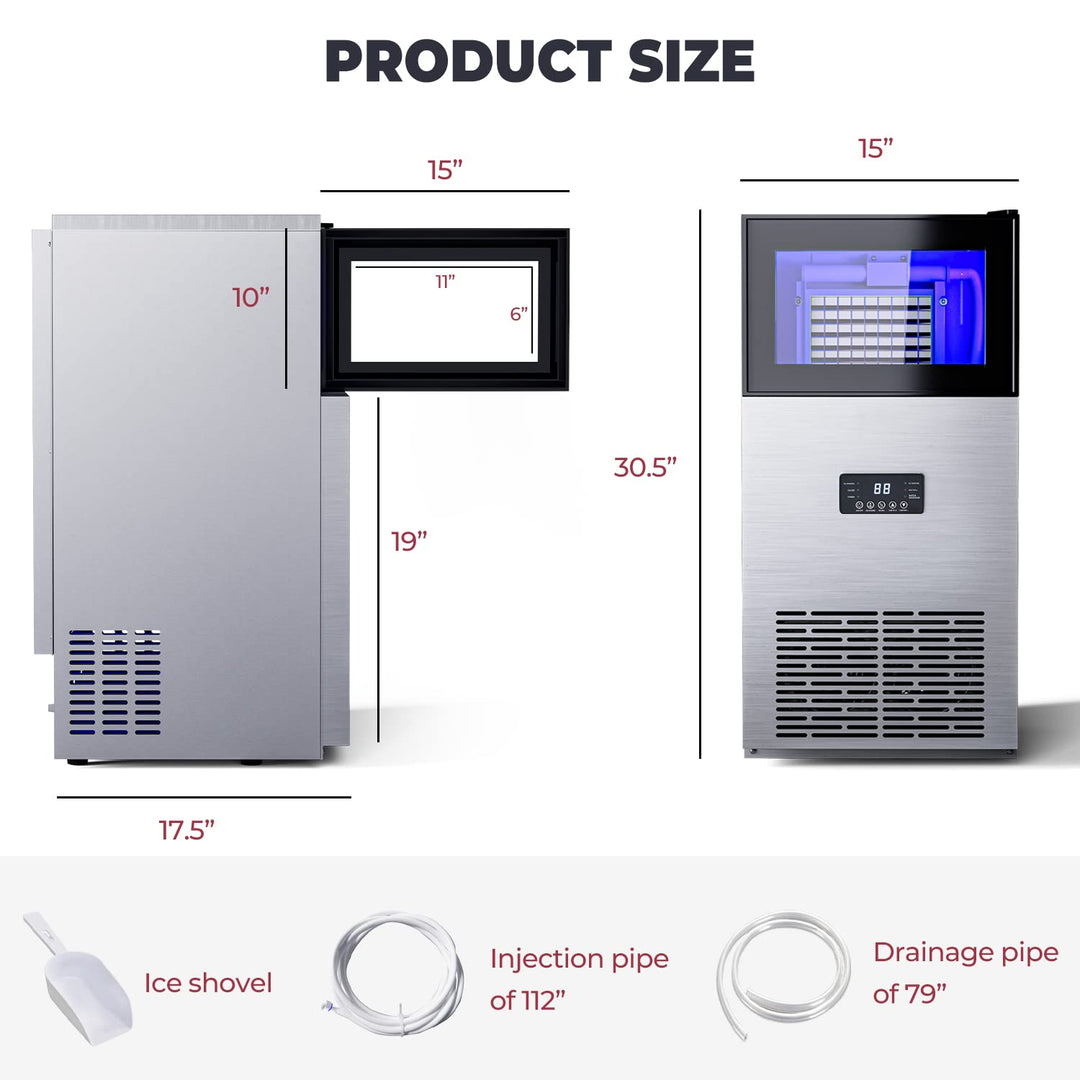 180LBS/24H Freestanding Commercial Ice Maker, Stainless Steel Under Counter Ice Machine with 35 LBS Storage Bin