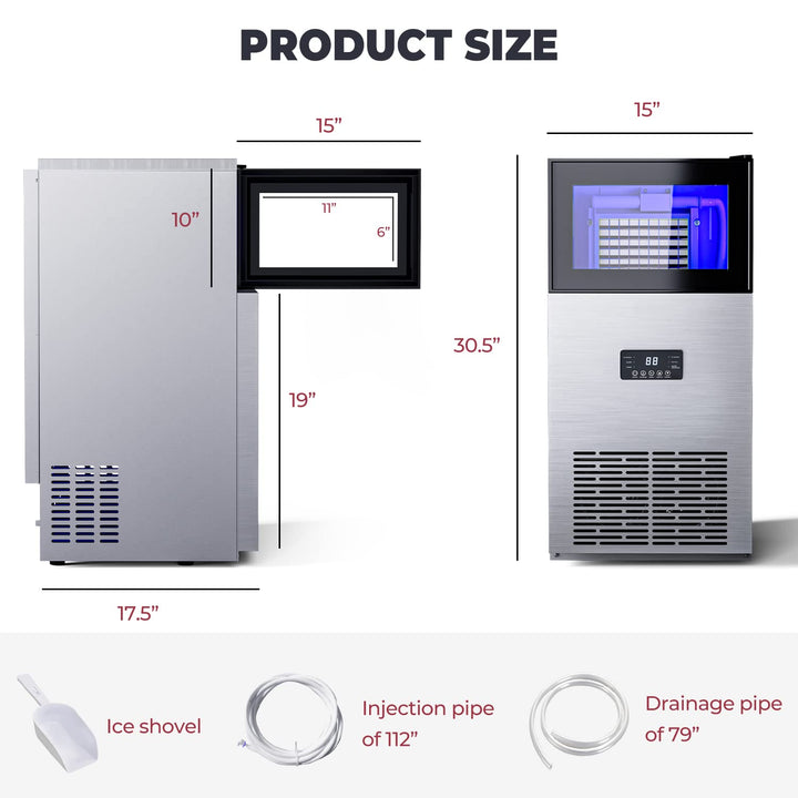 180LBS/24H Freestanding Commercial Ice Maker, Stainless Steel Under Counter Ice Machine with 35 LBS Storage Bin