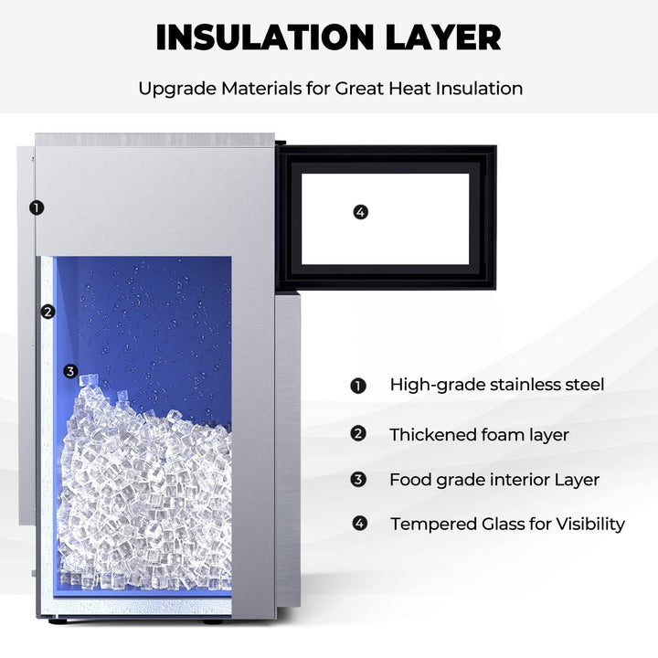 180LBS/24H Freestanding Commercial Ice Maker, Stainless Steel Under Counter Ice Machine with 35 LBS Storage Bin