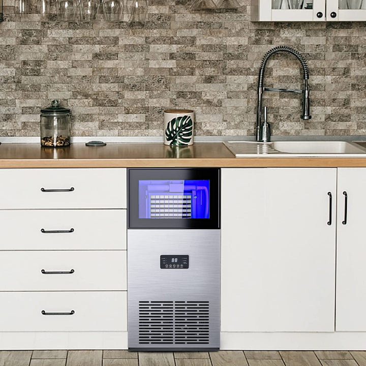 180LBS/24H Freestanding Commercial Ice Maker, Stainless Steel Under Counter Ice Machine with 35 LBS Storage Bin