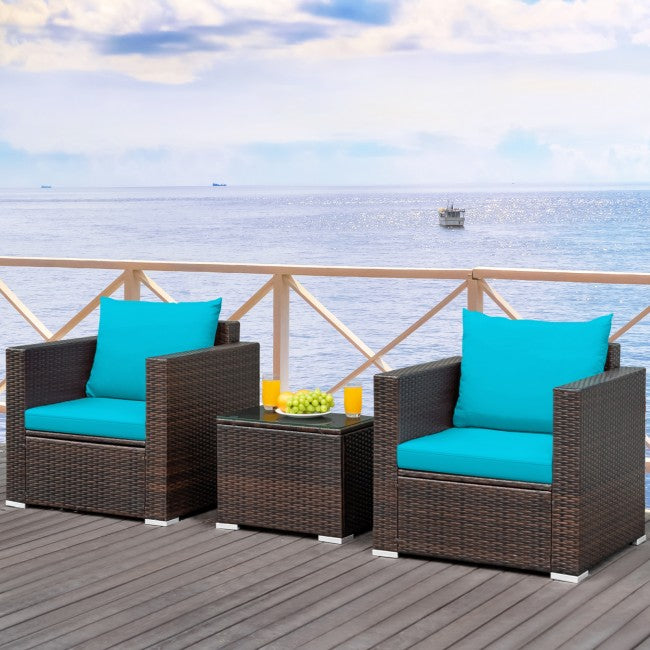 3 Pieces Patio Rattan Furniture Set Conversation Sofa Set with Cushion