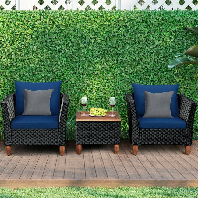 3 Pieces Outdoor Wicker Furniture Set Patio Conversation Sofa Set with Cushion and Table