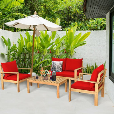 Outdoor 4 Pieces Acacia Wood Loveseat Chat Set Patio Furniture Conversation Sofa Set with Cushion and Coffee Table