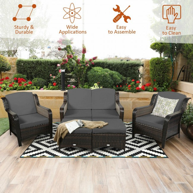 5 Pieces Patio Rattan Sofa Set outdoor conversation set with Cushion and Ottoman