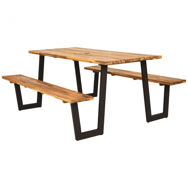 70 Inch Outdoor Dining Table Set Picnic Table Bench Set with Umbrella Hole and Metal Frame