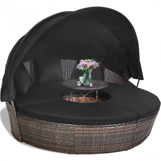 Outdoor Wicker Furniture Sets Patio Round Rattan Daybed With Retractable Canopy