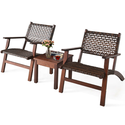 3 Pieces Outdoor Wooden Patio Rattan Furniture Set