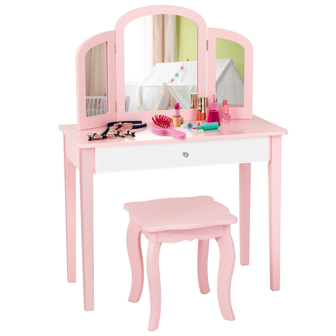 Kids Princess Make Up Dressing Table with Tri-folding Mirror and Chair