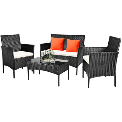 4 Pieces Patio Rattan Cushioned Sofa Set with Tempered Glass Coffee Table