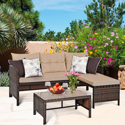 3 Piece Outdoor Patio Corner Rattan Sofa Set