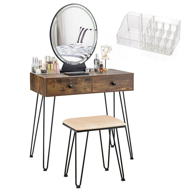 Vanity Table Set Makeup Dressing Desk with Touch Screen Adjustable Brightness Mirror and Cushioned Stool