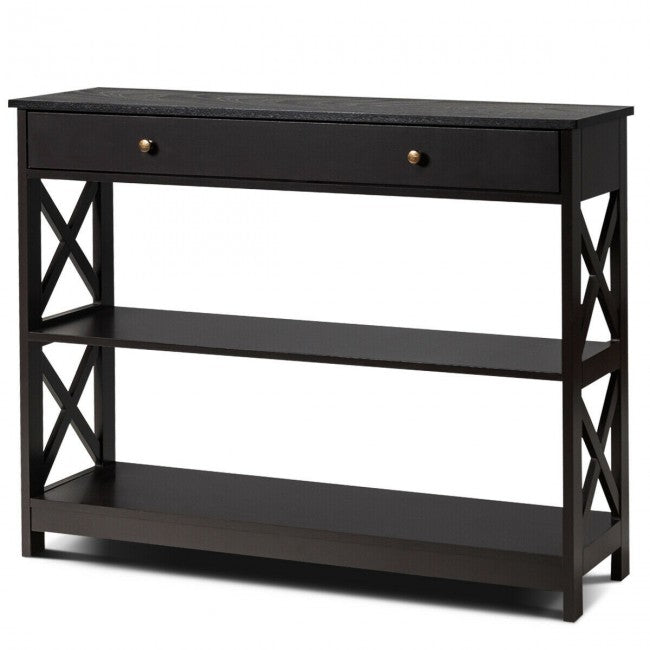 3-Tier Side Console Table Entryway Table Narrow Accent Table with Drawer and Storage Shelves