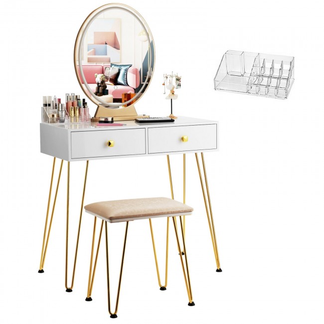Vanity Table Set Makeup Dressing Desk with Touch Screen Adjustable Brightness Mirror and Cushioned Stool