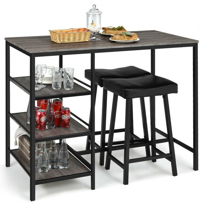 3 Pieces Dining Table Set with Pub Counter Height and Storage Shelves