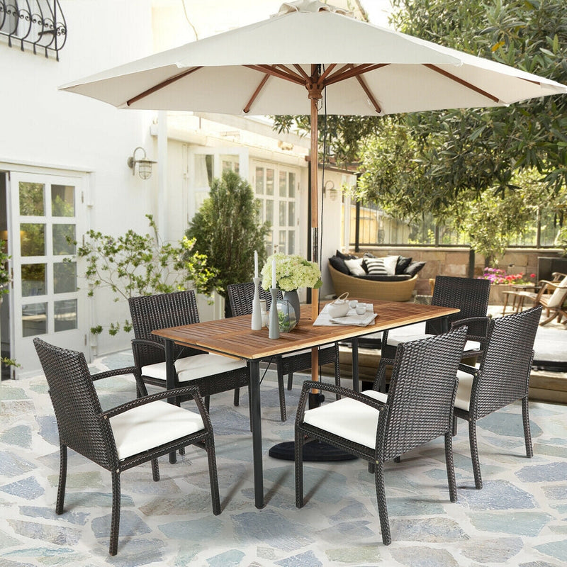 7 Pieces Patio Rattan Cushioned Dining Set with Umbrella Hole