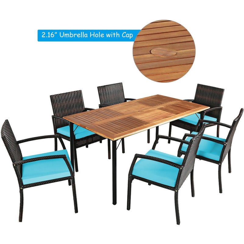 7 Pieces Patio Rattan Cushioned Dining Set with Umbrella Hole