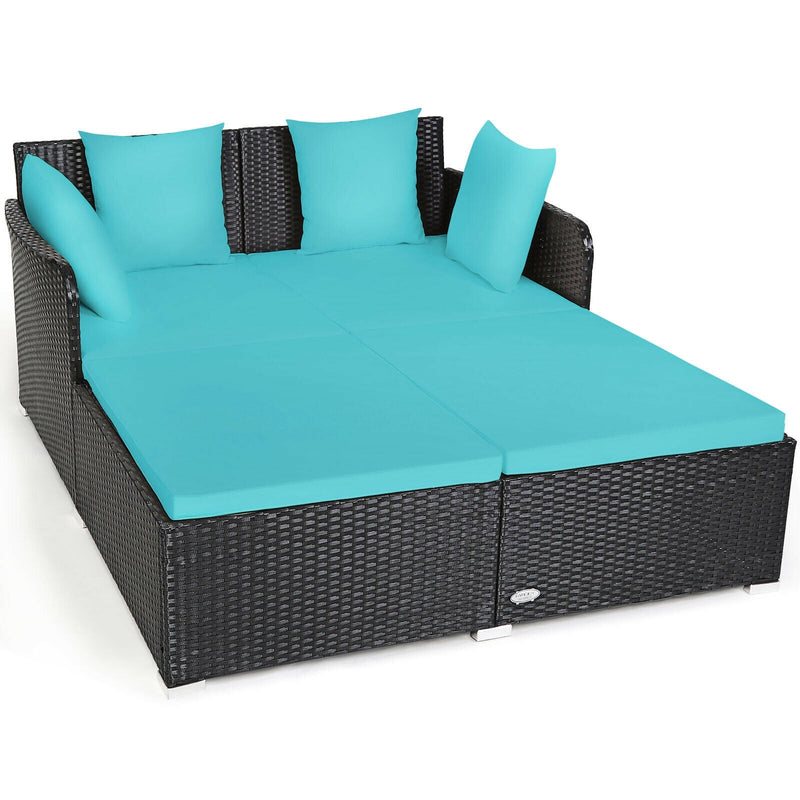 Outdoor Patio Rattan Daybed Thick Pillows Cushioned Sofa Furniture